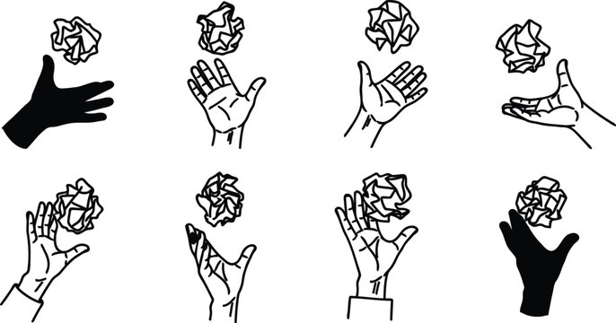 Hands throwing crumpled paper in various positions and angles freely  several postures shown