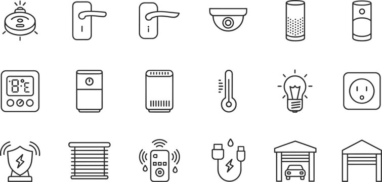 Smart home automation vector icon set featuring security camera smart lock thermostat lighting and intelligent house control devices for modern web technology.