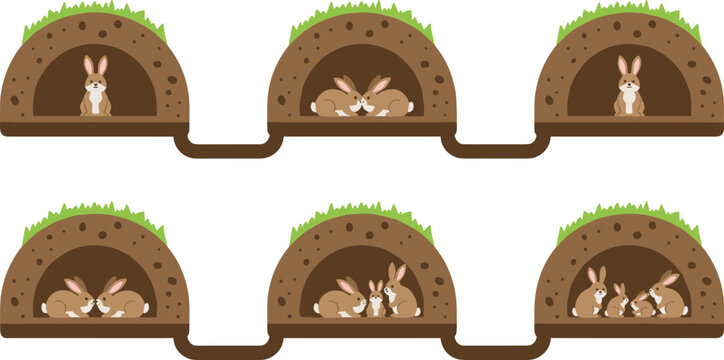 Vector illustration set showing a rabbit warren and underground burrows with different family groups and bunnies in a cross-section nature scene.