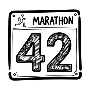 Hand drawn marathon race bib number 42 vector illustration running competition badge with runner icon sports event sketch style