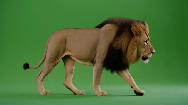 A male lion walks on a green screen background for a film or television production