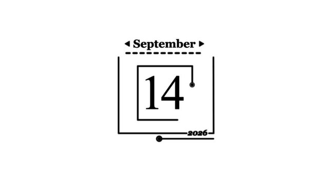 September 14th 2026 Calendar Date Icon fourteenth Calendar icon - day 1 ,animation, black and white Simple technology calendar with date concept on white background calendar and date .
