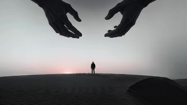 A man stands on a hill as two giant hands reach down towards him at sunset.
