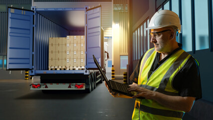 Freight logistics coordination, cargo dispatch. Warehouse worker in helmet uses laptop near truck with open container full of boxed pallets, managing shipment documentation and loading process. © Grispb
