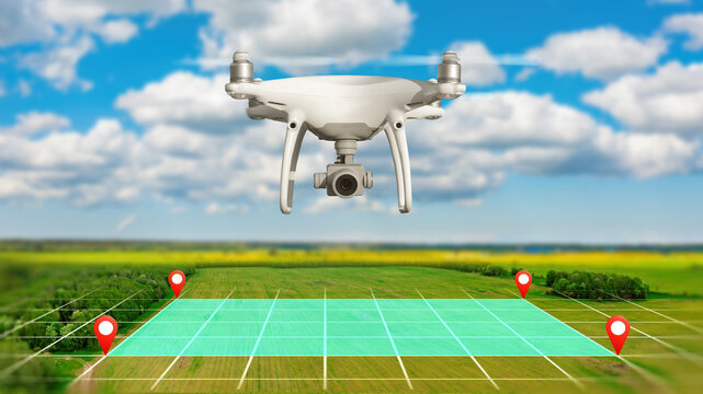 Precision agriculture surveying, drone mapping. UAV with camera scans farmland grid with geolocation markers, collecting aerial data for crop monitoring and land management.