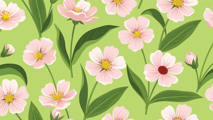 Obraz premium Beautiful seamless pattern of pink cosmos flowers with yellow centers and green leaves on a bright lime green background for floral designs.