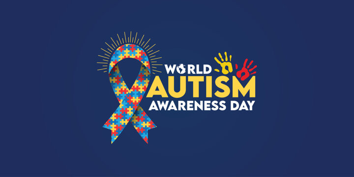 World Autism Awareness Day design featuring a puzzle-patterned ribbon and colorful handprints. A symbolic graphic for inclusion, diversity, and support for the autism community on a clean background.