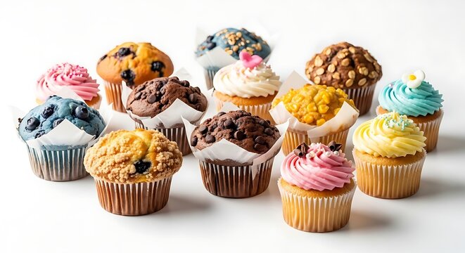 Assorted muffins on white background with shadow, cupcakes and baked goods isolated on clean background, fresh dessert assortment, AI generated