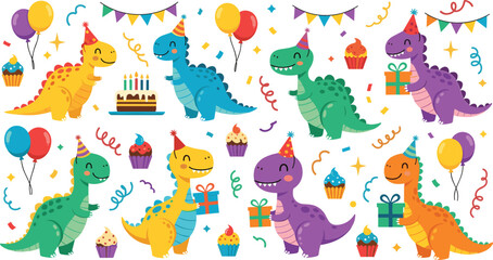 Cute cartoon dinosaurs celebrating birthday party with balloons gifts cupcakes and confetti vector illustration set for kids © Sumon Creative