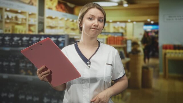 Woman in white uniform holding a pink clipboard with pursed lips, shrugging with palm up in a retail store aisle; skepticism.
