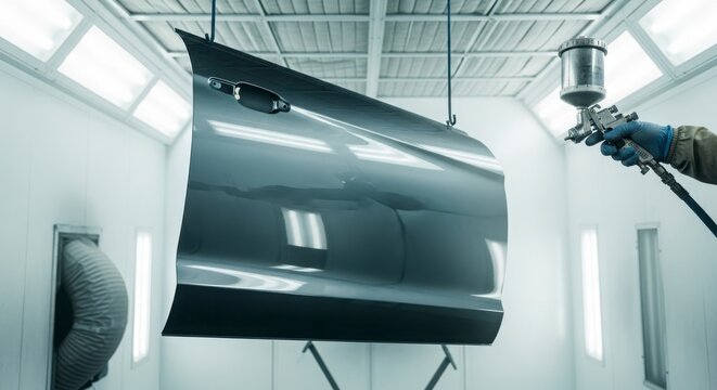 Car hood being spray painted in professional auto body repair shop with bright lighting