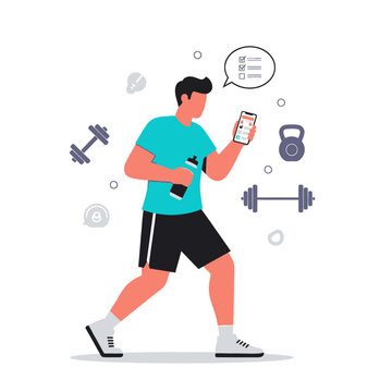 Man using fitness app on phone with dumbbells and kettlebell, healthy lifestyle concept