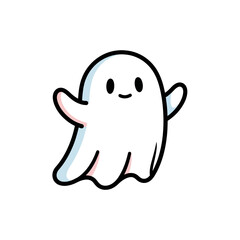 Fototapeta premium Cute cartoon ghost waving happily, simple white character, isolated on white background.