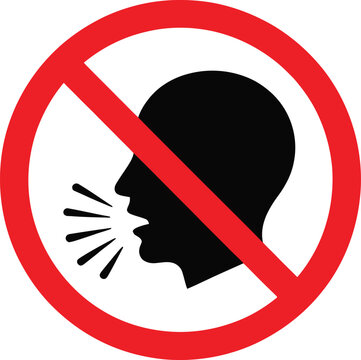 Prohibition sign indicating no talking or shouting allowed in certain areas