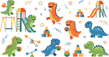 Cute cartoon dinosaurs playing at playground with slides toys blocks and balls kids vector illustration set © Sumon Creative