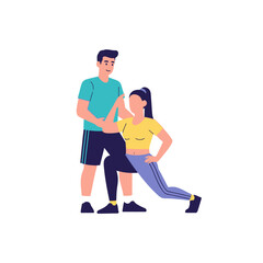 Obraz premium Fitness Trainer Helping Woman With Lunge Exercise, Personal Training Session