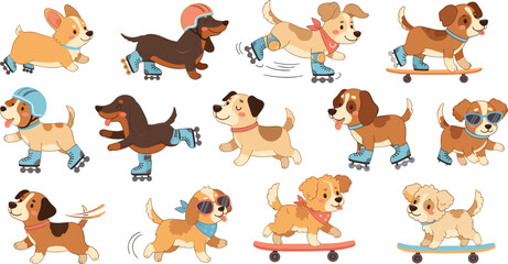 Cute cartoon dogs roller skating and skateboarding playful puppy characters sports activity vector illustration set for kids © Sumon Creative