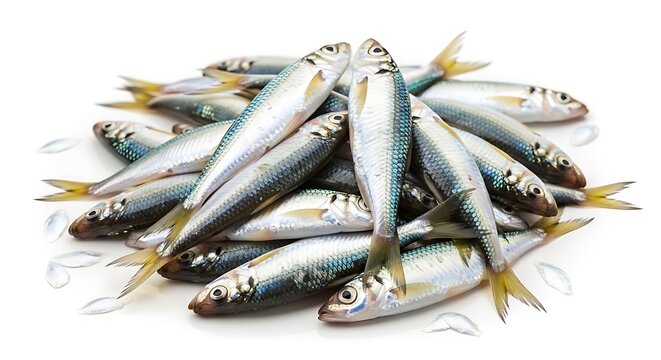 Pile of small silver fish side view. AI GENERATED.