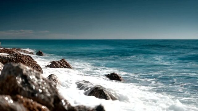 Waves Crashing on Rocky Shore Under Clear Blue Sky