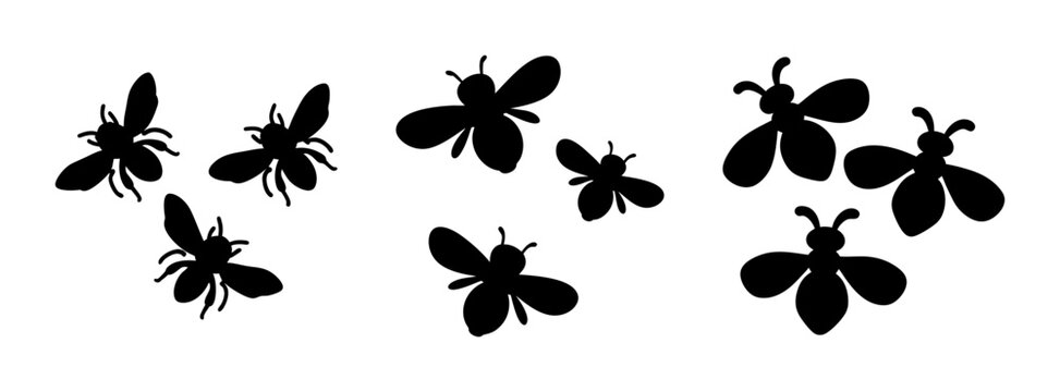 Black silhouette of flying insects vector art illustration of butterflies and bees design elements