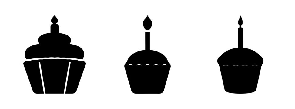 Three birthday cupcakes with candles vector illustration for party and celebration designs and graphics