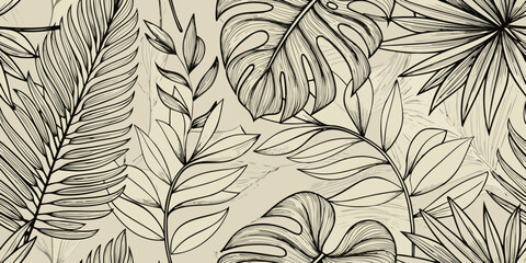 Intricate botanical illustration of tropical leaves in a seamless pattern © Sourav
