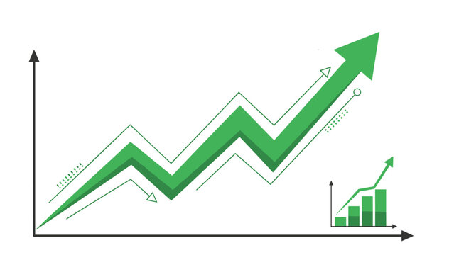 Large green arrow moving upwards on a coordinate plane representing financial growth positive business trends and successful economic performance.