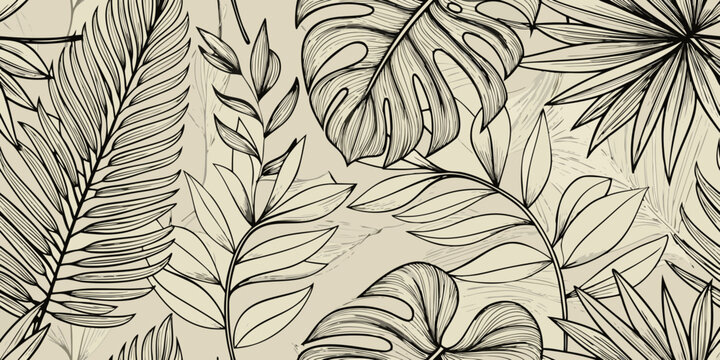 Intricate botanical illustration of tropical leaves in a seamless pattern