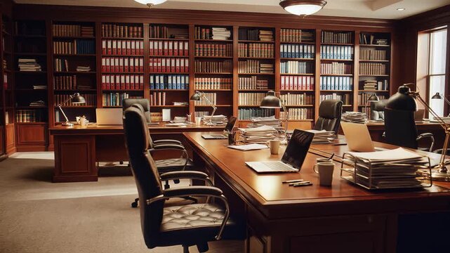 Law firm office vacated due to business decline, desks with laptops and files.