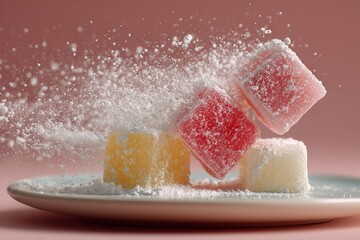 Fototapeta premium colorful turkish delight cubes dusted with powdered sugar stacked on plate against pink backdrop for dessert photography, gift packaging, or retail display