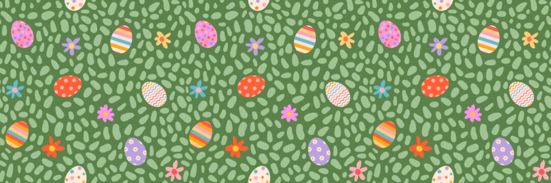 Easter eggs with different patterns and grass seamless vector pattern, Cute colorful background for Easter egg hunt banners