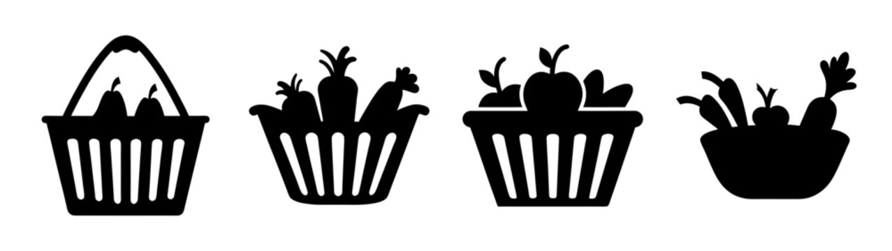 Vegetable harvest silhouette vector art: fresh produce in baskets and containers black and white design