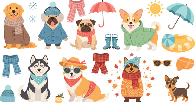 Cute dogs wearing seasonal clothes and accessories winter autumn outfits umbrellas scarves cartoon puppy vector illustration set