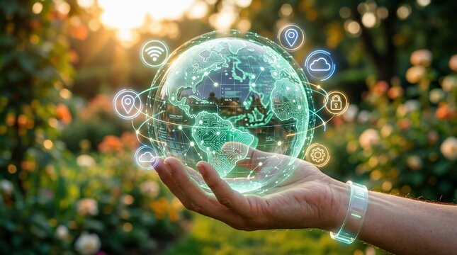 Human hand holding a glowing green digital globe with interconnected technology icons representing global network, communication, and environmental sustainability in a natural outdoor setting