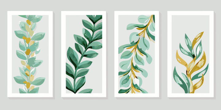 Four watercolor botanical prints featuring leafy green and yellow foliage
