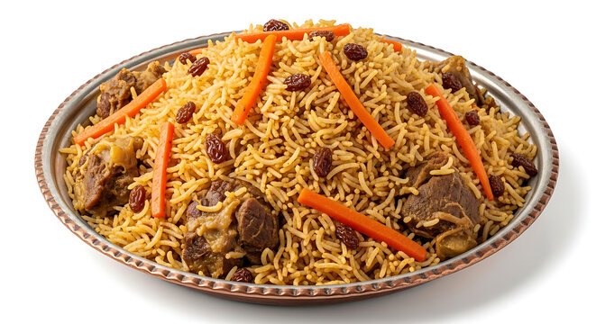 Traditional Lamb Kabsa Mandi Meat Pilaf with Carrots and Raisins on Large Serving Platter