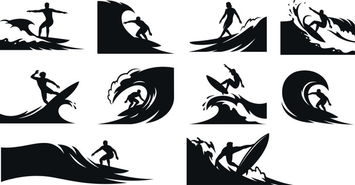 Dynamic black and white surfer silhouettes showcasing diverse wave riding stances, aerial maneuvers, and surfing culture energy