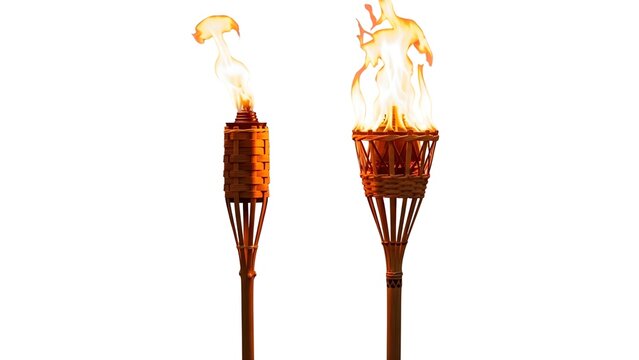 Two traditional tiki torches with bright flames on transparent background