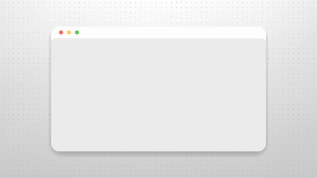 Blank browser window interface on dotted background. Empty website frame for web design. Minimalist user interface mockup. Vector illustration screen for software development and application.