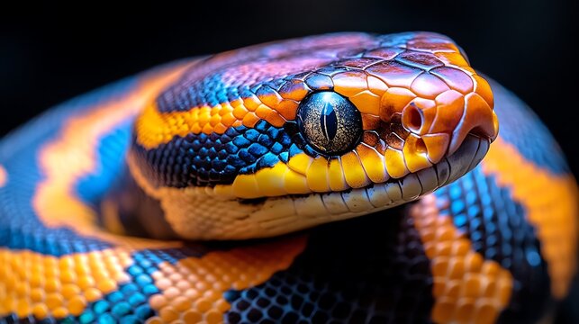 Close-up of a vibrant colorful snake with striking patterns.