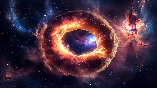 Vibrant cosmic ring nebula in deep space with stars and galaxies