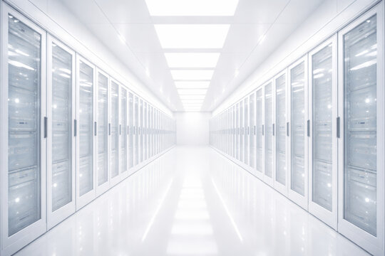 Modern data center with rows of white server cabinets