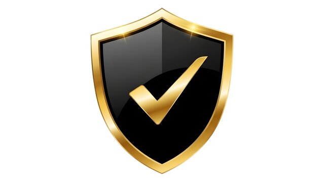 A black and gold shield with a checkmark on transparent background