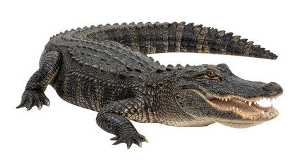 Obraz premium Alligator with open mouth, isolated on white background, reptilian predator