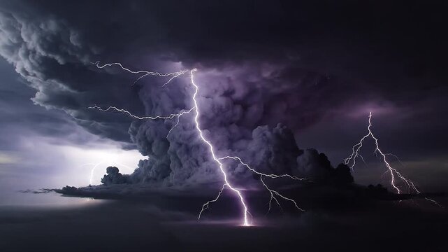A massive explosion with dark smoke and lightning strikes in a stormy desert landscape