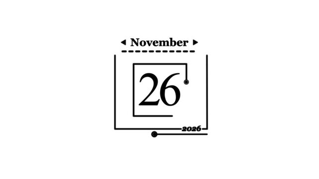 November 26th 2026 calendar date icon Desk calendar displaying year 2026, happy new year text banner for celebration 