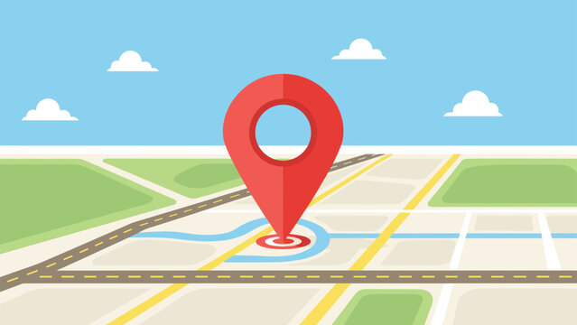 Large red location pin marking a specific destination on a 3D street map with roads and greenery under a clear blue sky.