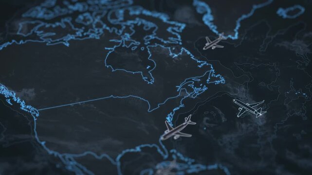 Animated global air traffic visualization showing flight routes over North America connecting major cities across a world map. 