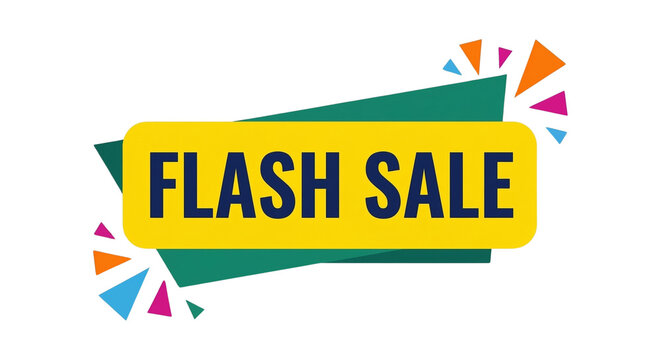 Flash Sale Banner with Colorful Geometric Shapes and Teal Ribbon