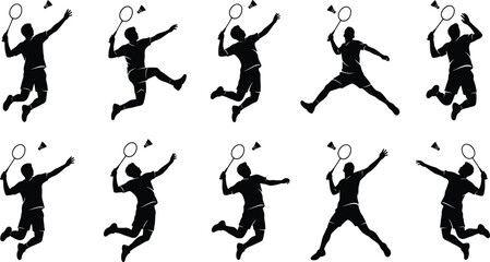 Dynamic silhouettes of badminton players in action, showcasing athletic movement, shuttlecock shots, and competitive sports energy © Sohel